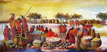 Mercado masai de África Pinturas al óleo
